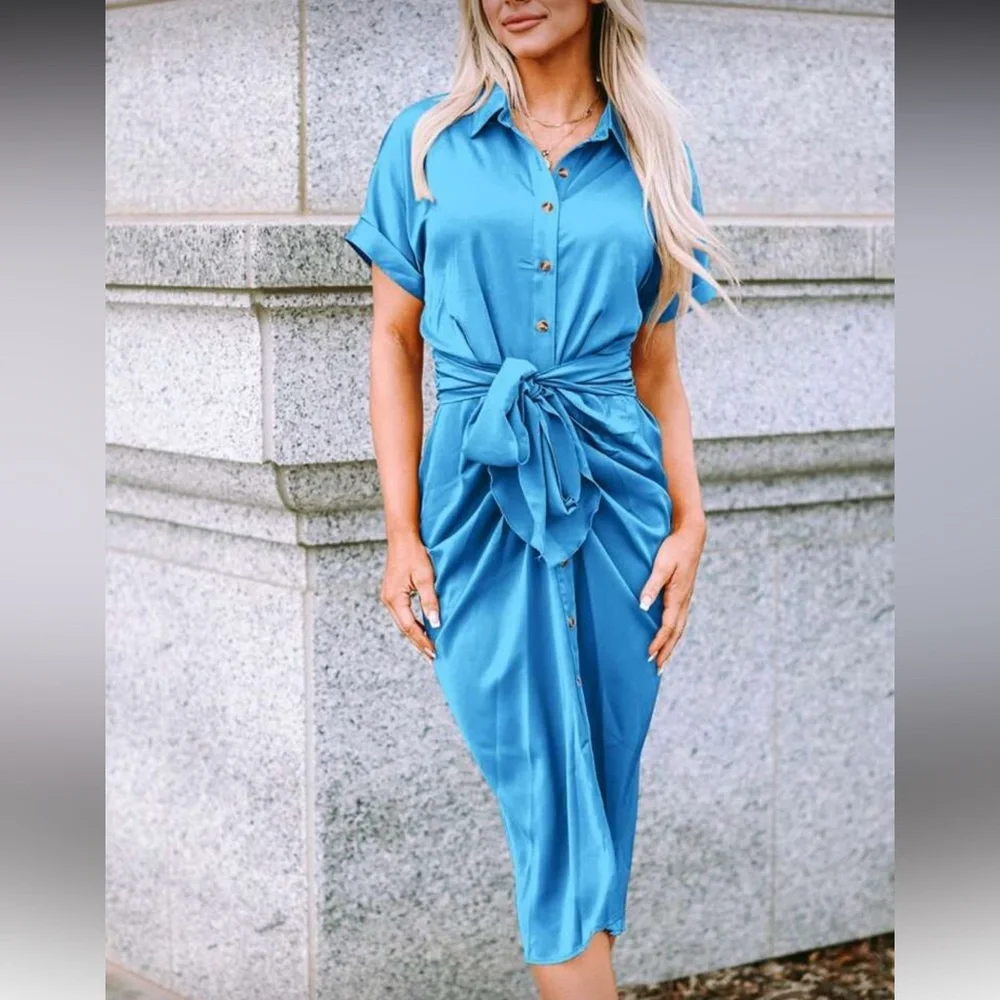 Elegant Blue Tie-Front Satin Dress